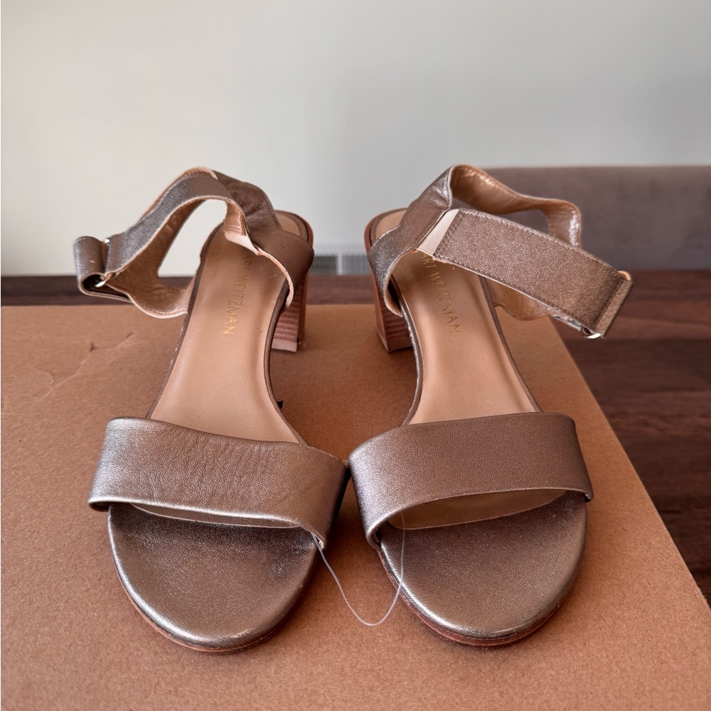 Stuart Weitzman Metallic Gold Broadband Leather Open Toe Sandals
